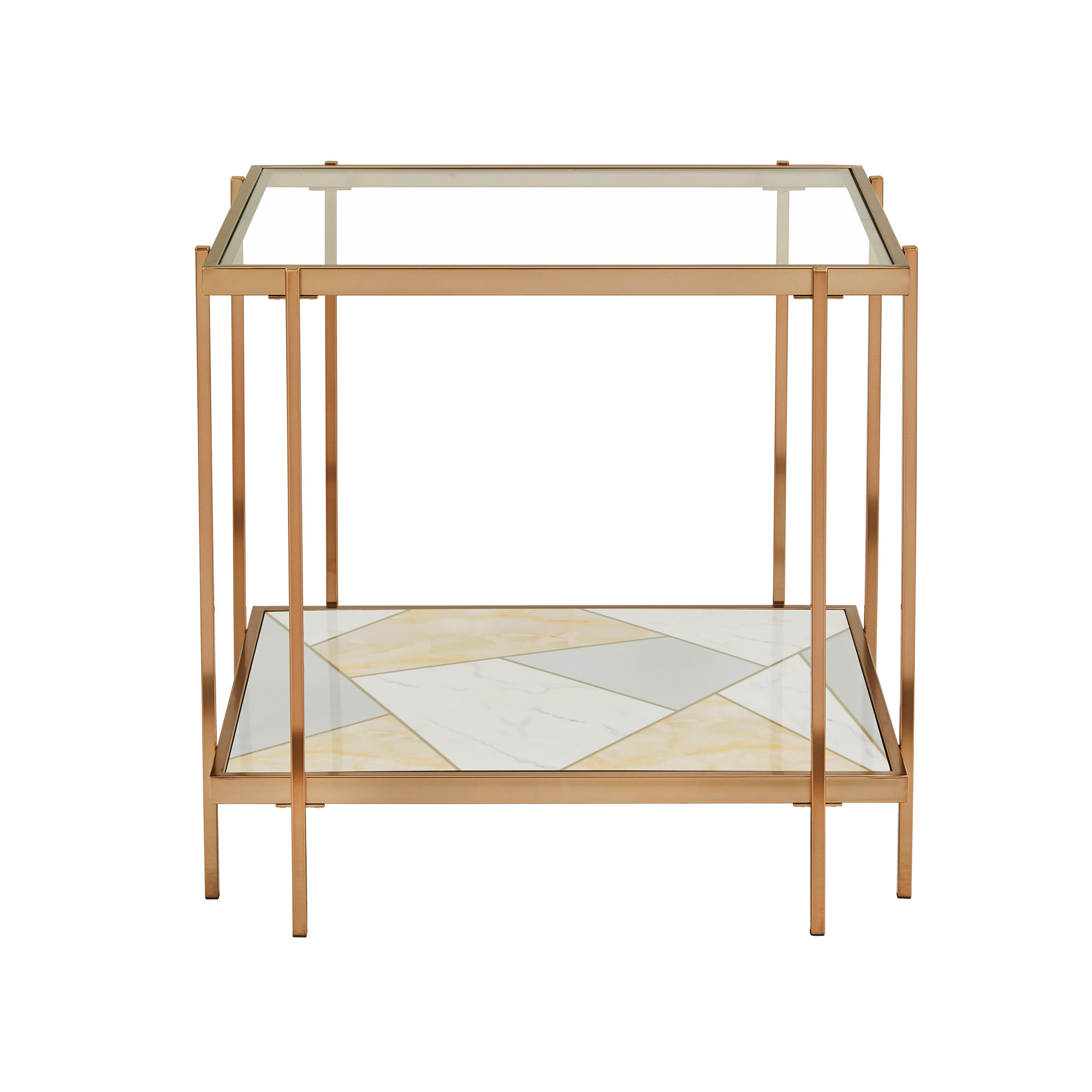 Weston Home Neponsit Metal and Glass End Table with Geometric Marble Pattern Bottom, Champagne Gold