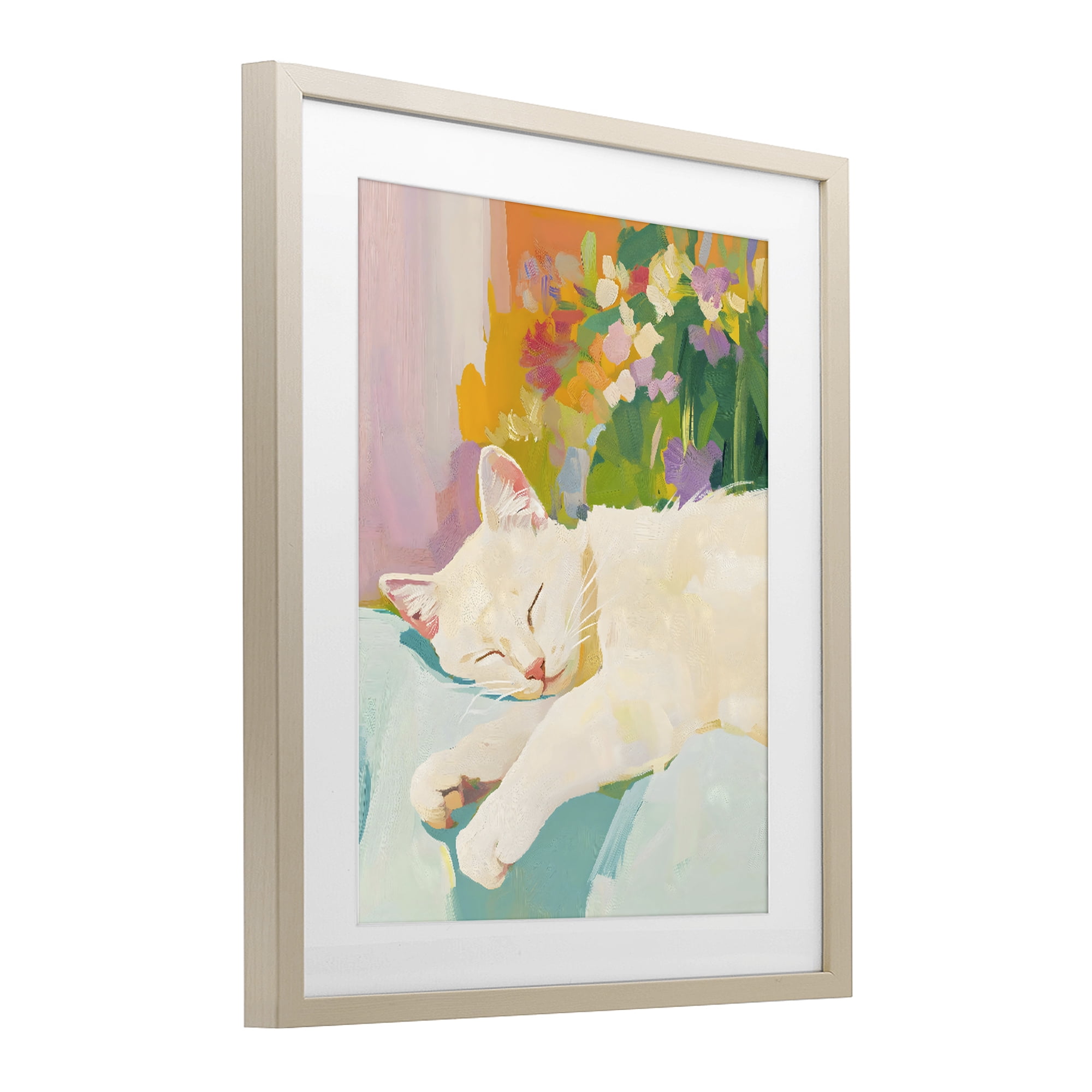 Stupell Industries Sleeping Cat with Flowers Birch Framed Print Under Glass, design by The Prints Vibe