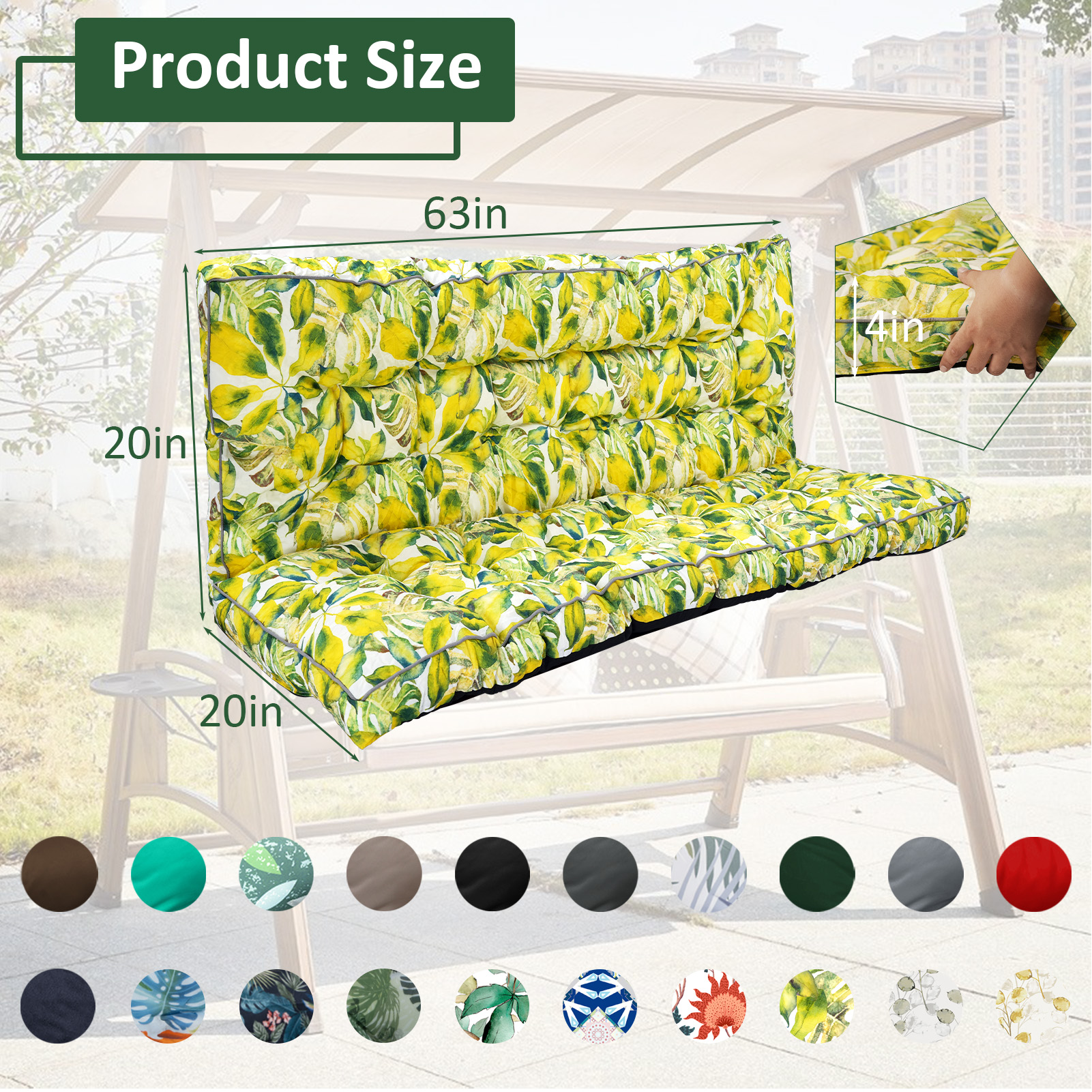 Porch Swing Cushion Thicken 4", 63" Swing Cushions 2-3 Seater Replacement, Waterproof Bench Cushions with Backrest, Anti-Fading Patio Swing Chair Pads for Outdoor Garden Furniture