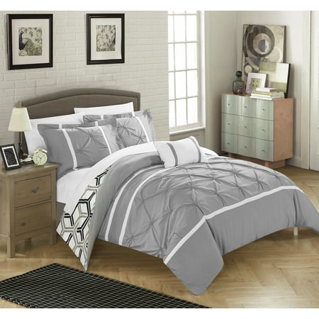 Blue Ruffle Bedding Chic Home 8-Piece Avee Pinch Pleated Ruffled and Reversible Geometric Design Printed Bed In a Bag Comforter Set with Sheets ()