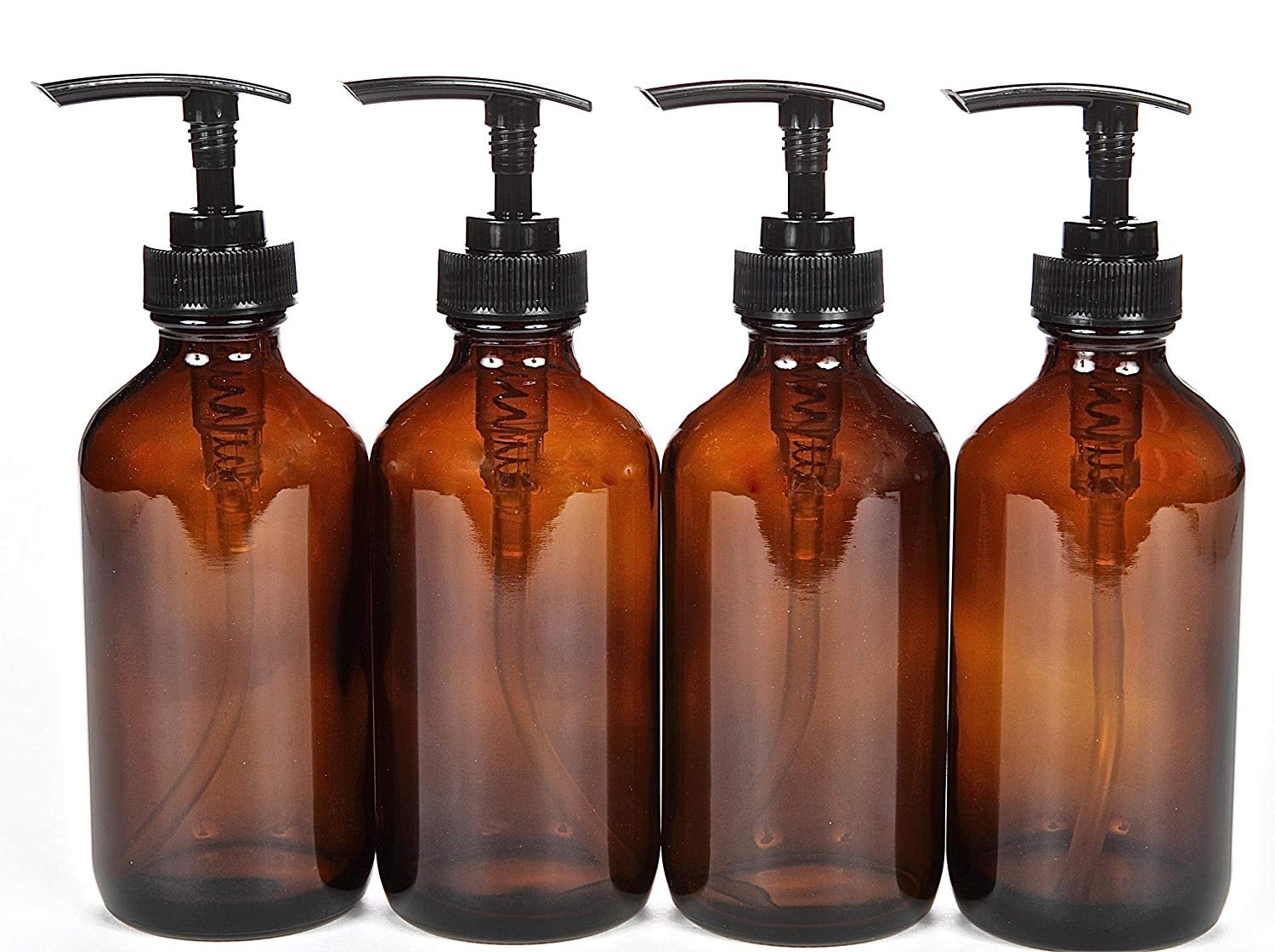 Vivaplex 4 Large 8 oz Empty Amber Glass Bottles with Black Lotion Pumps