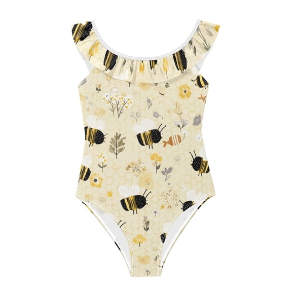 Girls Ruffled One Piece Swimsuit Summer Beach Vacation Swimwear Tank Swimsuit Cute Bees and Honeycomb Pattern