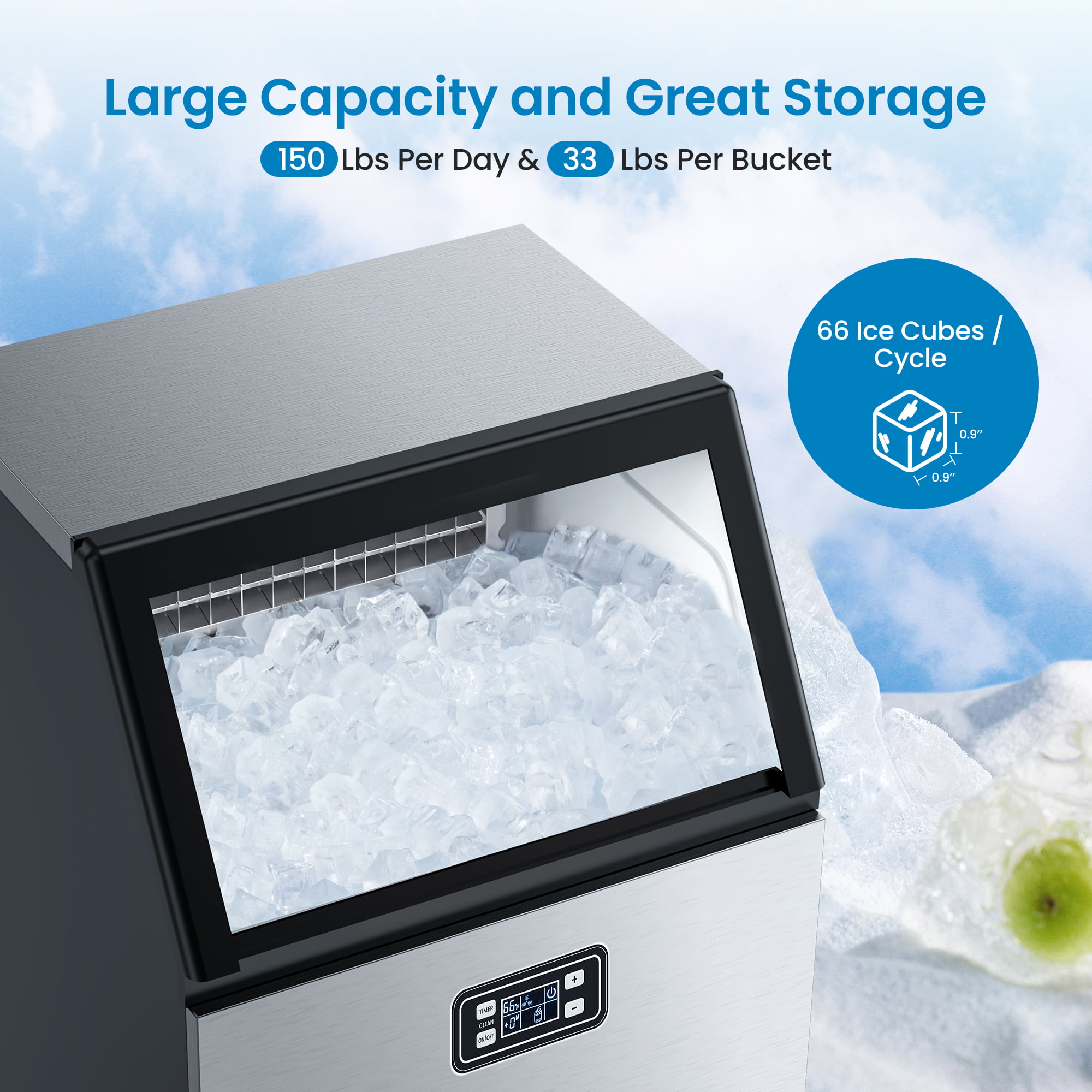 GSEICE SDH150 Commercial Ice Maker 150LBS/24H with 45LBS Storage Stain