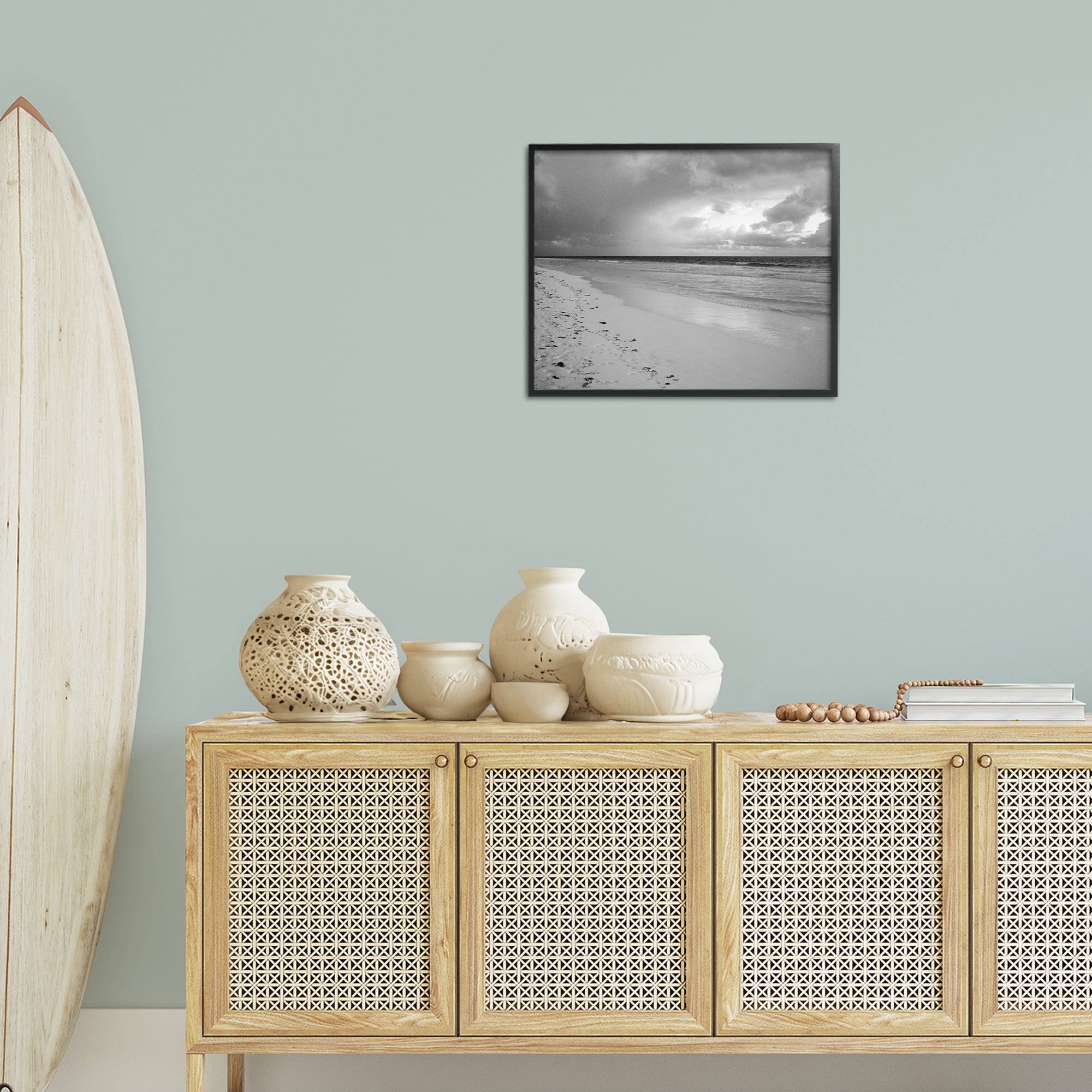 Stupell Industries Beach Shore with Footprints Coastal Photography Black Framed Art Print Wall Art, 20 x 16