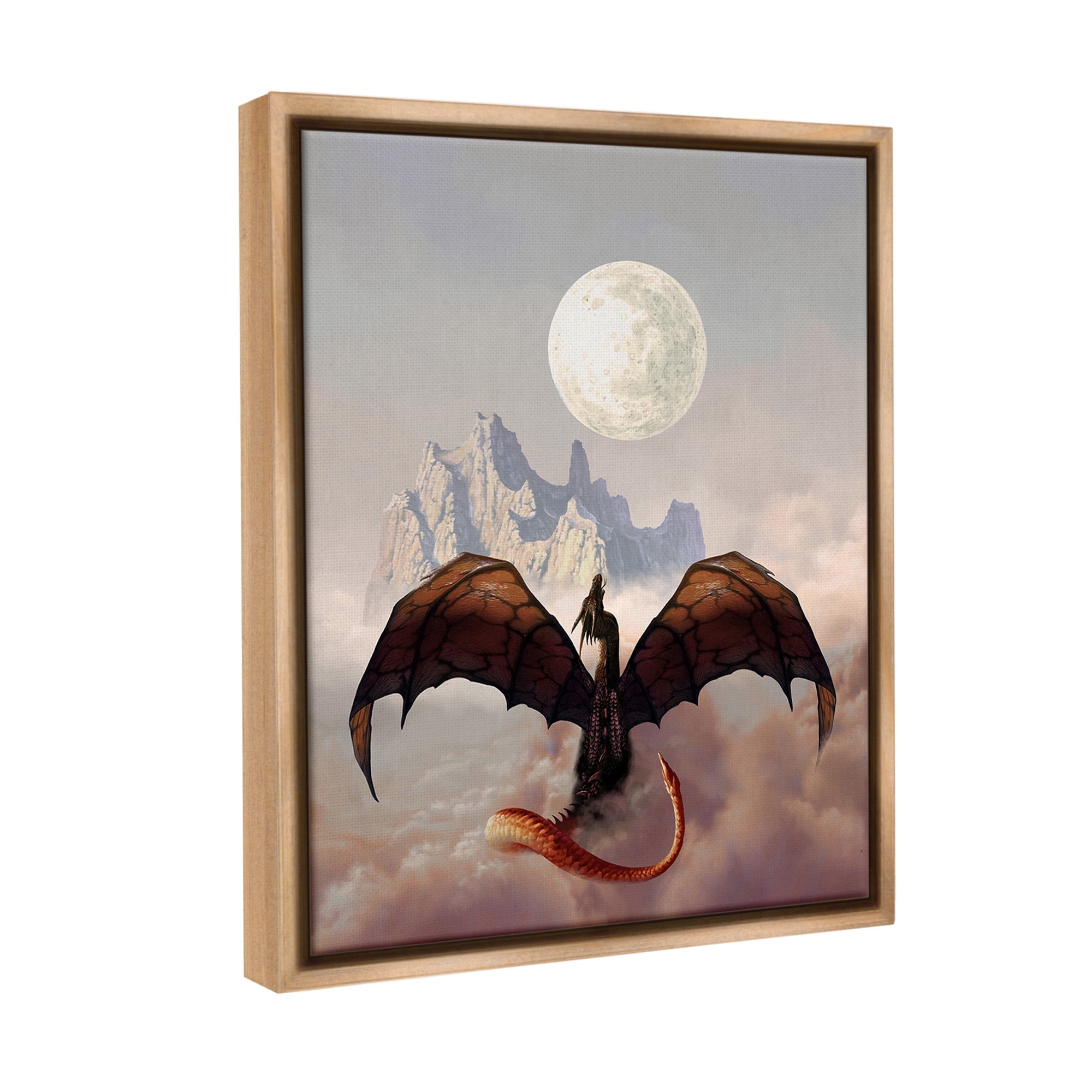 Stupell Industries Dragon & Full Moon Fairy Tales & Fantasy Painting Brown Floater Framed Canvas Art Print Wall Art, 17 x 21