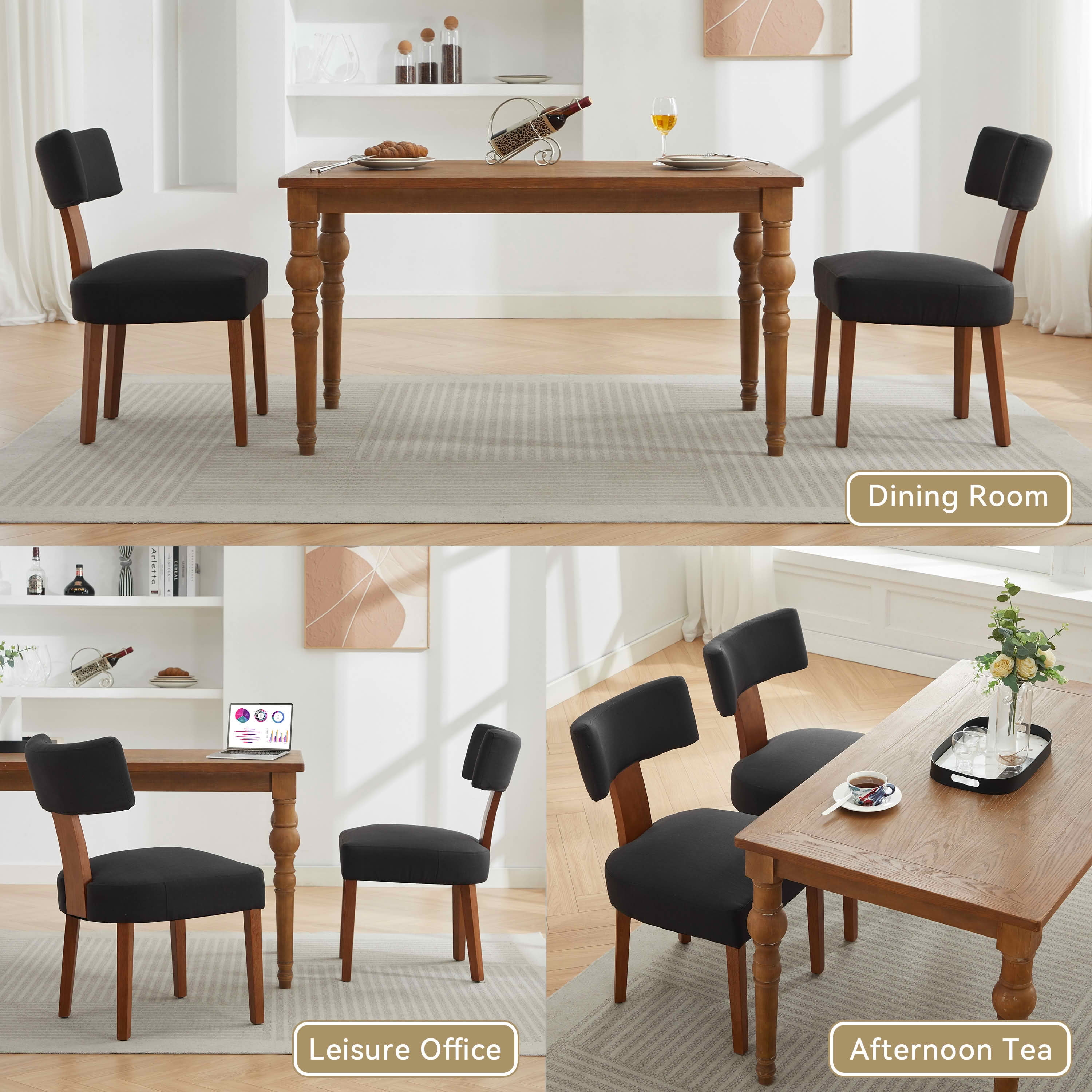 MAYEERTY Set of 2 Linen Fabric Modern Armless Dining Chairs, Curved Backrest & Solid Wooden Legs, for Dining Room & Living Room, Black