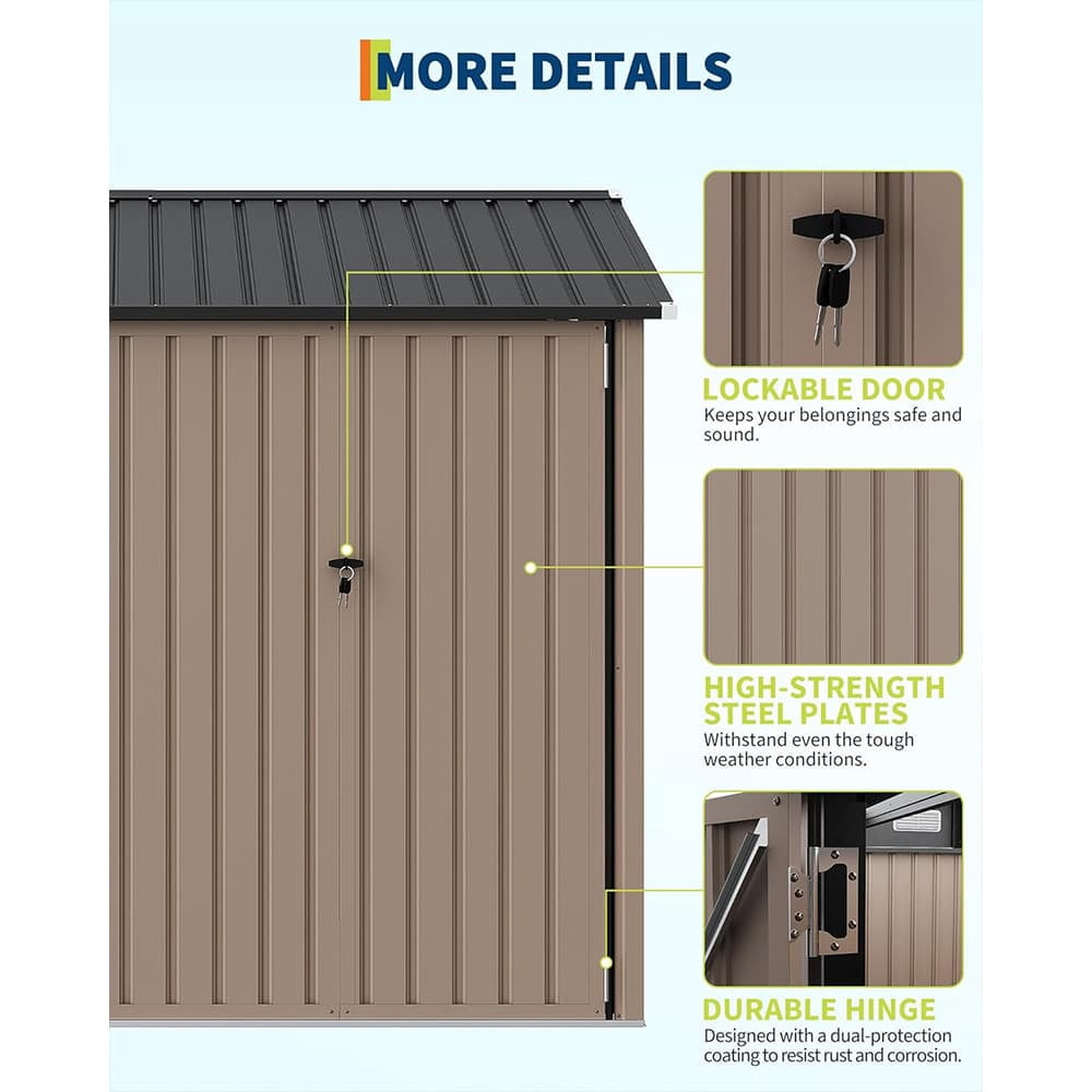 EastVita 8 x 6 ft Outdoor Metal Storage Shed with Windows and Lockable Doors Heavy-Duty Garden Tool Shed Brown