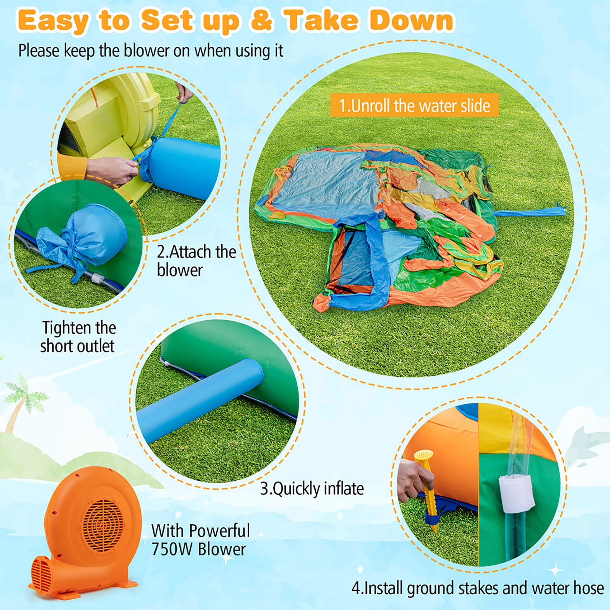 Gymax Kids Inflatable Water Slide Park w/680W Blower Basketball Rim Wet Dry Combo