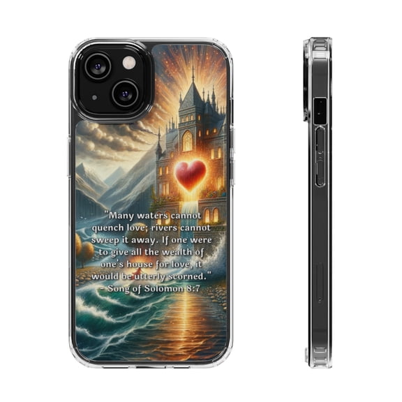 DistinctInk Hybrid (Acrylic / TPU) Clear Slim Fit Case for Apple iPhone 14 (6.1" Screen) - Unquenchable Love: Song of Solomon 8:7 in Summary