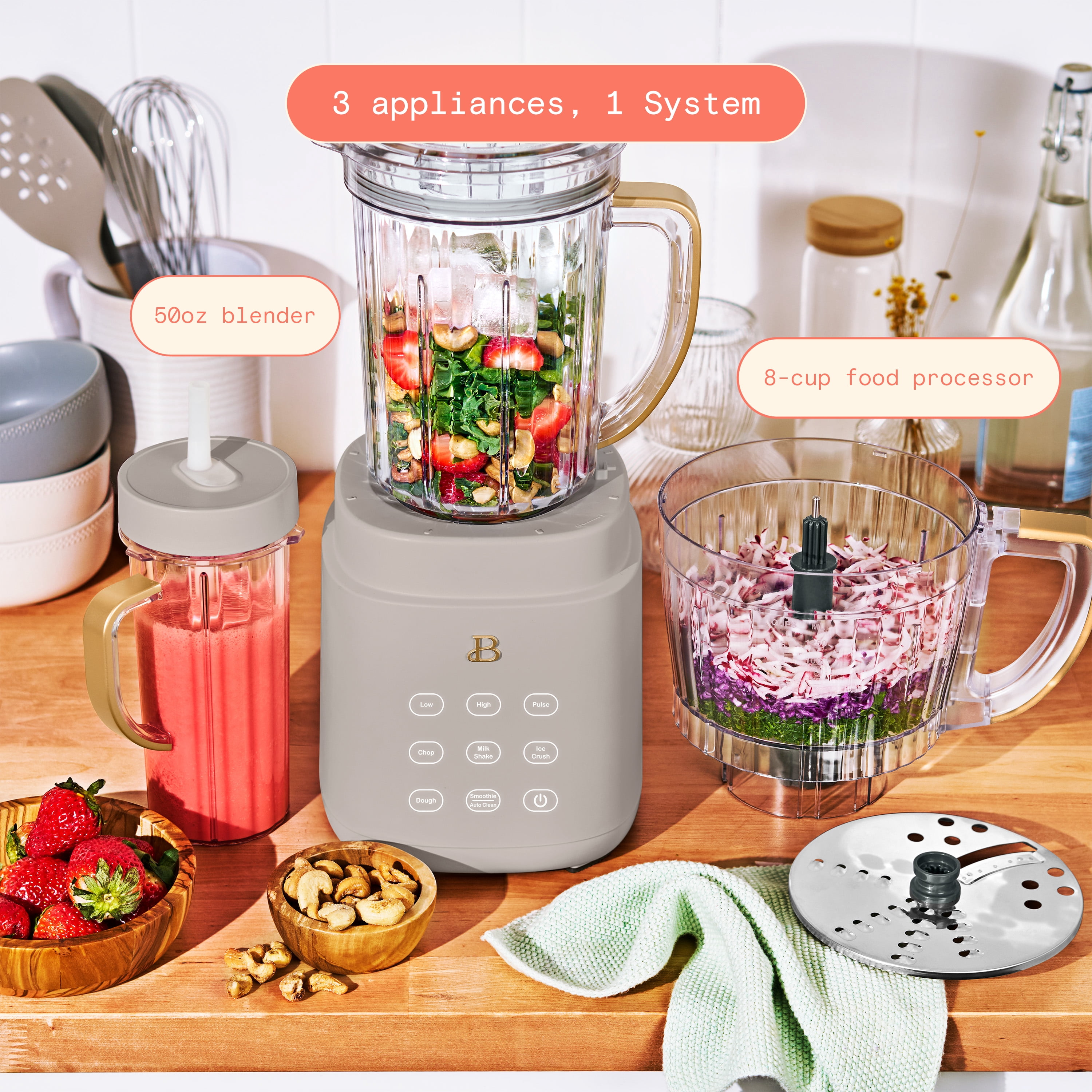 Beautiful 3-in-1 Kitchen System, Blender, Food Processor & Personal Blender, Porcini Taupe by Drew Barrymore