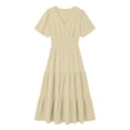 thumbnail image 3 of Vivianyo HD Women's Wrap V-Neck Tiered Midi Dress, Short Ruffle Sleeve Solid Elastic Waist Loose Casual Summer Dresses for Women Vacation, Women's Beige, Sizes S-2XL, 3 of 5
