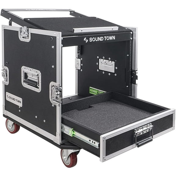 Sound Town 10U PA DJ Pro Audio Rack/Road ATA Case with 2U Drawer, 11U Slant Mixer Top, DJ Work Table, Casters, Pro Tour Grade (MR-DR10U)