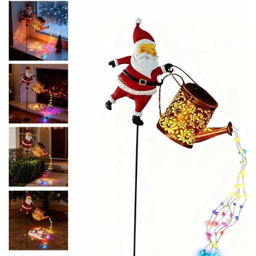 Christmas Solar Kettle Lights Garden Lawn Decorative Lights, Hanging Metal Solar Santa Claus Watering Can With LED Light For Pathway Patio Yard Decorations (Color_03