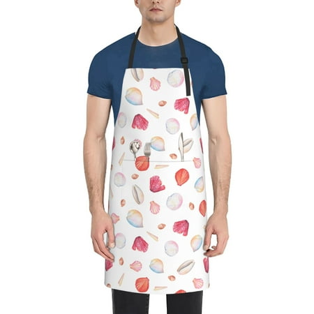 

Pofeuu Red coral and scallop seashell Print Waterproof Apron with Pockets Adjustable Cooking Aprons Kitchen Bib for Baking Household Cleaning