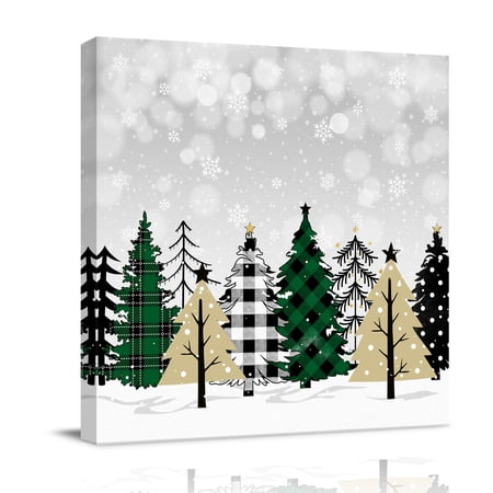 Canvas Wall Art Christmas Tree Framed Canvas Prints for Living Room Bathroom Merry Christmas Grey Xmas Tree Winter Snowflake Gallery Wrapped Wall Decor for Home Office Gifts 12 x12 Ship Next Day
