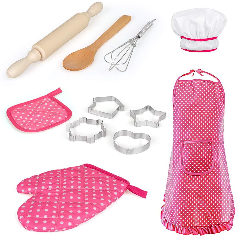 Chef Hat 11 PCS Cook Costume Cooking Play Set with Apron #2 DesignerBox Chef Set for Kids Cooking Mitt and Cookie Cutters for Boys Career Role Play Children Pretend Play Birthday Gift