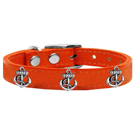 Silver Anchor Widget Genuine Leather Dog Collar Orange 22