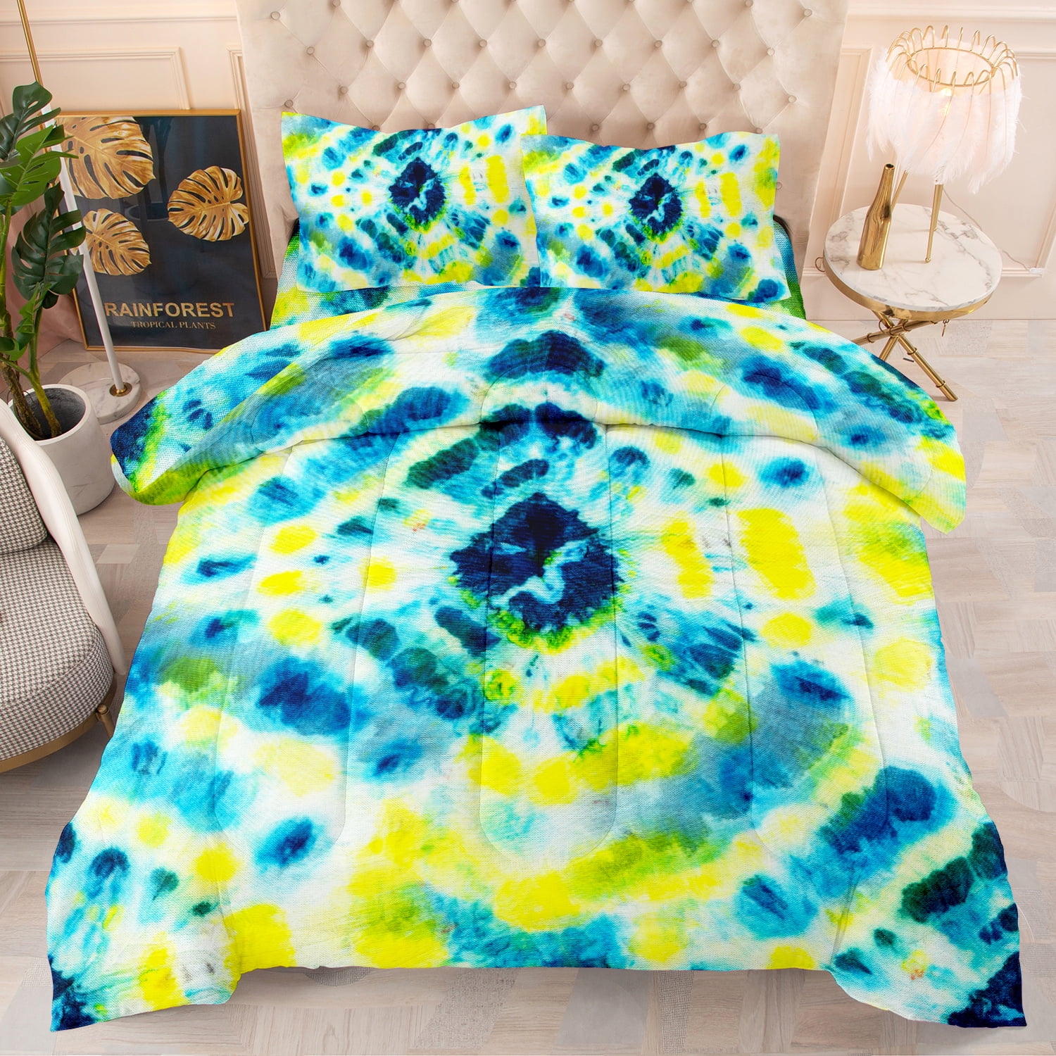 BBSET 2 Pcs Green Tie Dye Comforter Set Queen, Boho Colorful Abstract Hippie Psychedelic Swirl