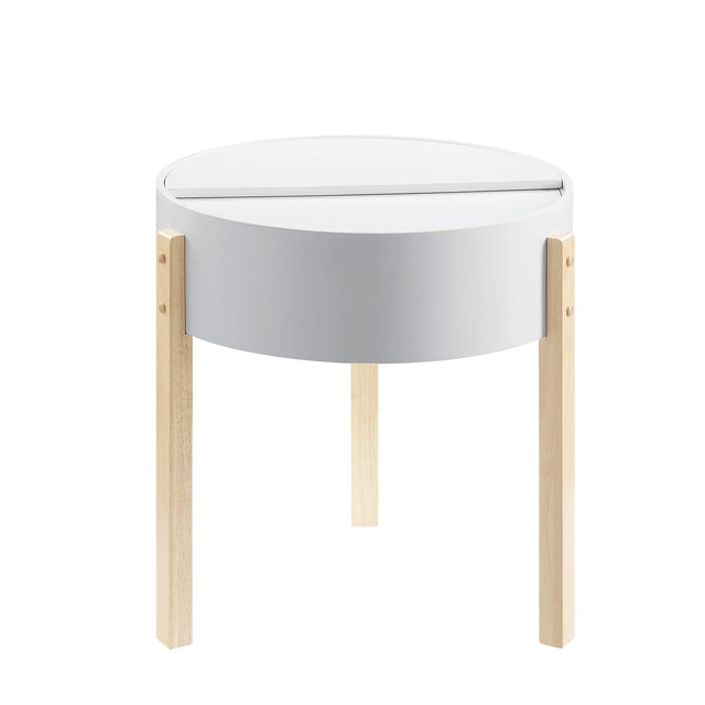 Mesa auxiliar redonda Benjara de madera con almacenamiento oculto, color blanco y marrón