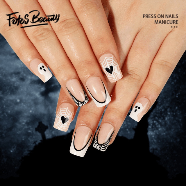 Fofosbeauty 24 pcs Press-on Acrylic False Nails, Nails Tips Designs 2023,Square Heart Web Pink