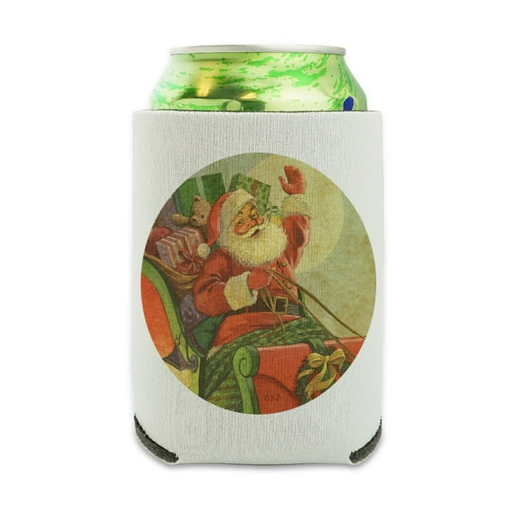 Christmas Holiday Retro Antique Santa Sleigh Can Cooler - Drink Sleeve Hugger Collapsible Insulator - Beverage Insulated Holder