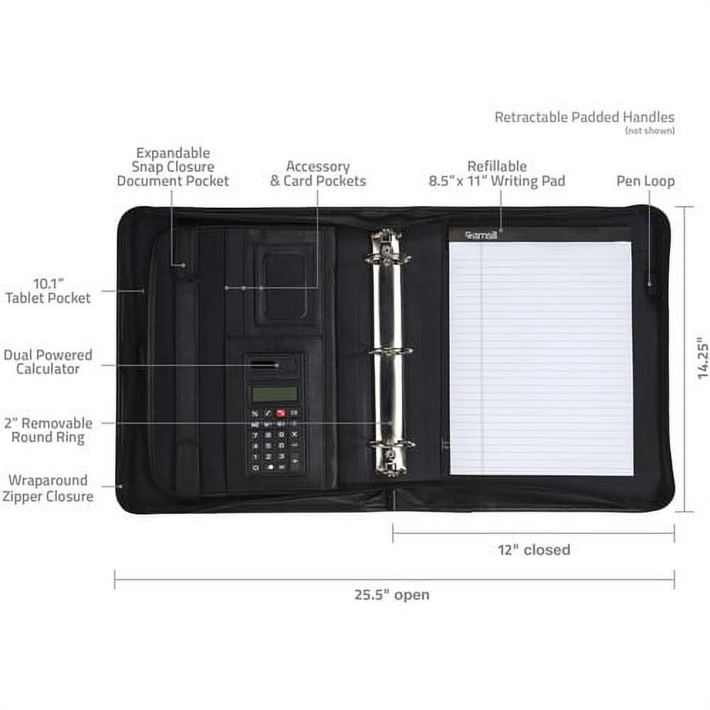 Samsill Sterling Zipper Binder Portfolio Letter - 8 1/2" x 11" Sheet Size - 3 x Round Ring Fastener(s) - 2" Fastener Capacity for Folder - 2 Exterior, Internal Pocket(s) - Vinyl, Leather - Black - 5.2