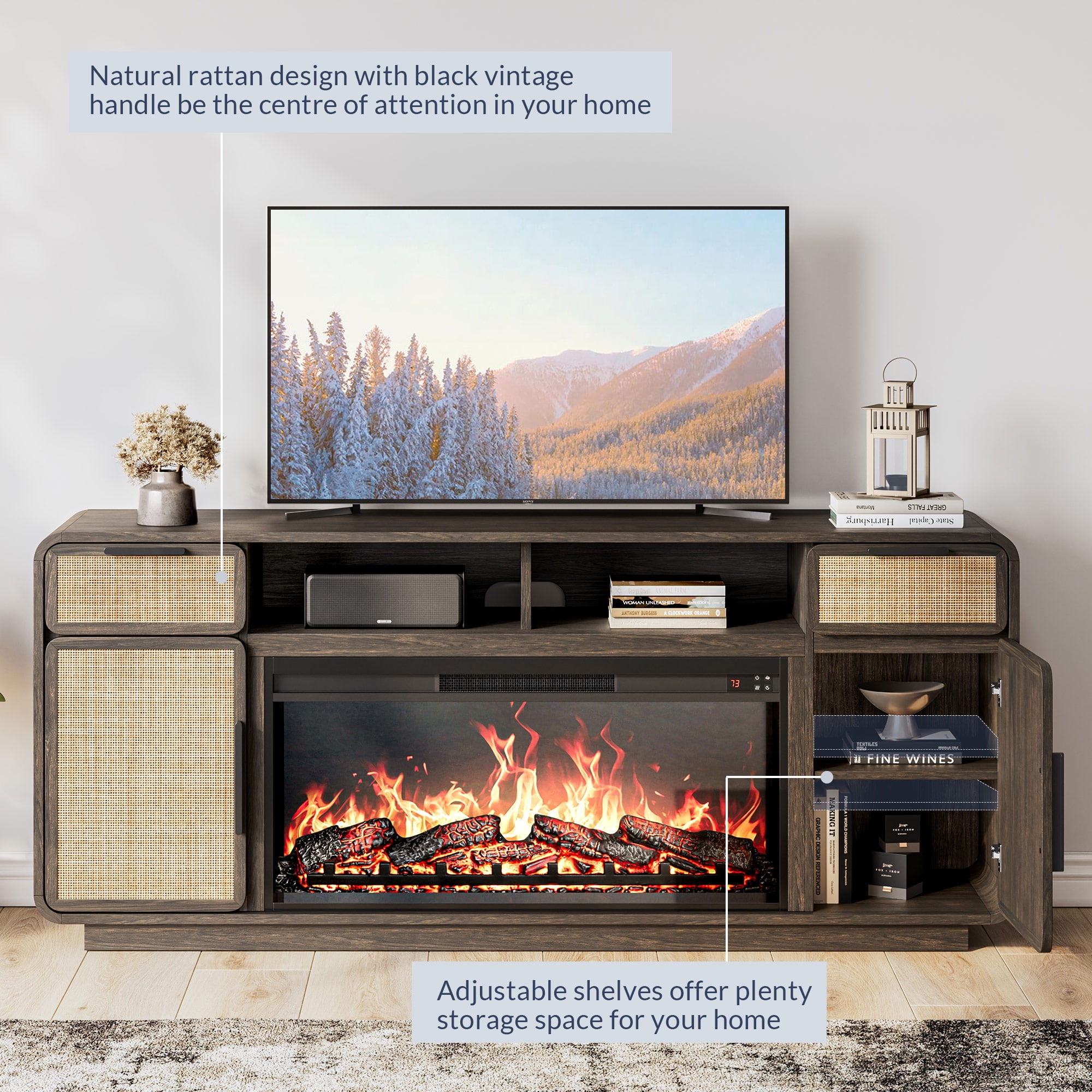 BELLEZE 68" TV Stand for TV Up to 75", Entertainment Center with 36" Electric Fireplace Heater, Rattan Decorated Console Table Storage Cabinet for Living Room, Bedroom - Bower(Brown)