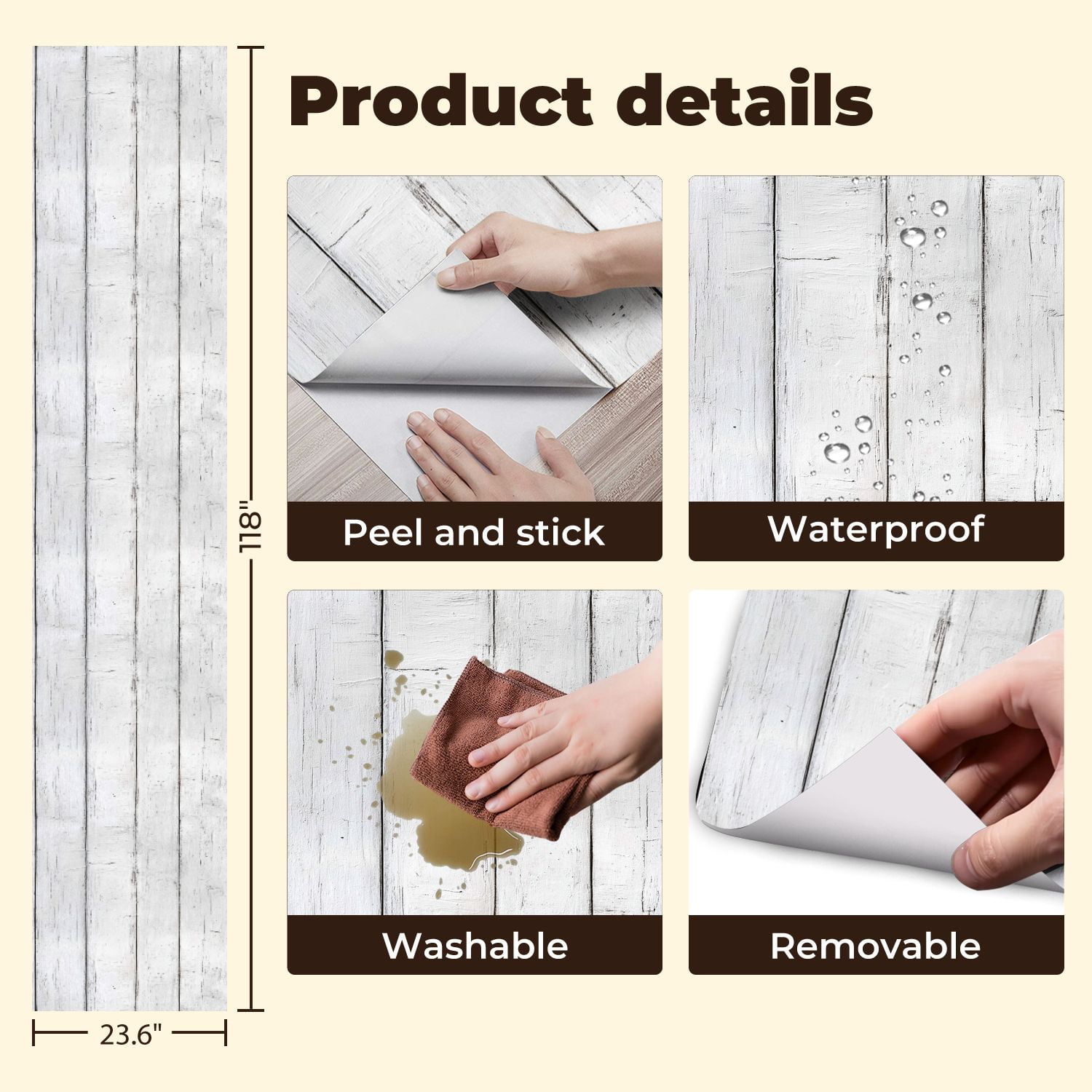 Vintage Peel and Stick Wallpaper White Wooden Plank Texture Distressed Aged Surface Wall Mural 23.6in x 9.8ft Removable Wall Paper Renter Friendly Wallpaper for Nursery Bedroom Cabinets