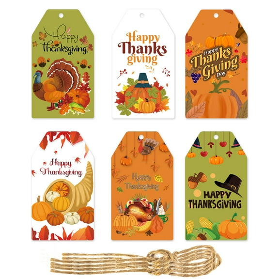 60 Pcs Happy Thanksgiving Day Gift Paper Tags Fall Gift Tags Autumn Pumpkin Label Tags Thankful Give Thanks Favor Tags Maple Leaves Holiday Sticker Tag with Rope for Wrapping Decor
