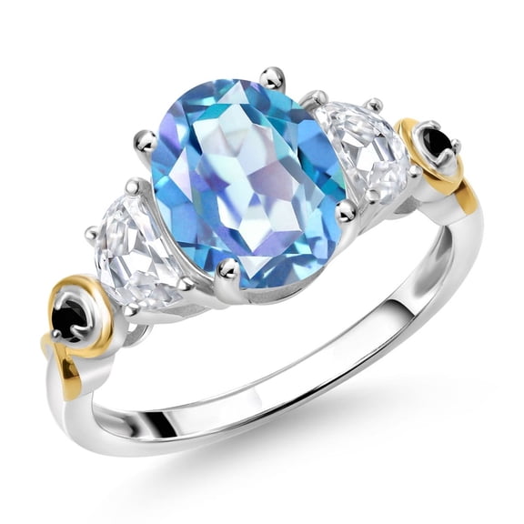 Gem Stone King 925 Silver and 10K Yellow Gold 3-Stone Ring Oval Millennium Blue Mystic Quartz and Moissanite (2.31 Cttw, Size 9)