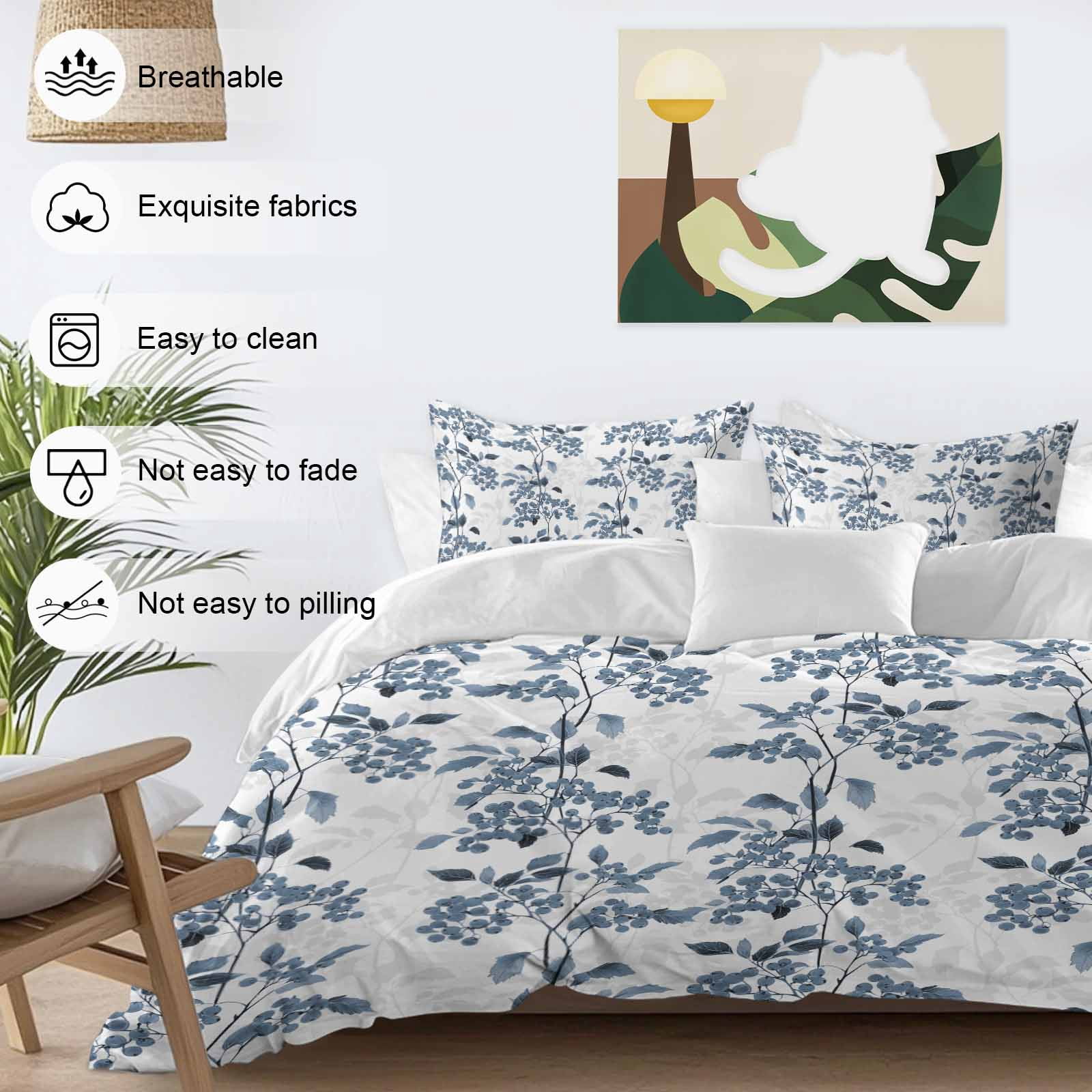 Blue Fruit Bedding 3 Piece Duvet Cover Set California King, Vintage Plant Nature Botanical Flower Floral Soft Microfiber Comforter Cover with Zipper Closure & Pillowcases, FadeResistant Quilt Cover