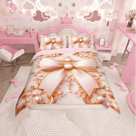 Erosebridal Princess Bowknot Comforter Cover Twin, Royal Damask Pearl Bedding Twin Size, Princess Bedroom Decor, Reversible 2 Pieces (No Comforter)