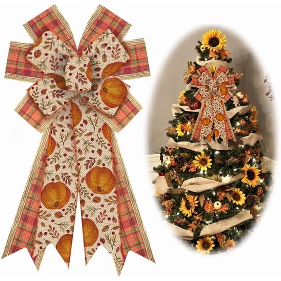 Hsomely Large Fall Wreath Bow, Thanksgiving Pumpkin Leaves Orange Buffalo Plaid Burlap Decor, Farmhouse Tree Topper for Front Door Indoor Outdoor