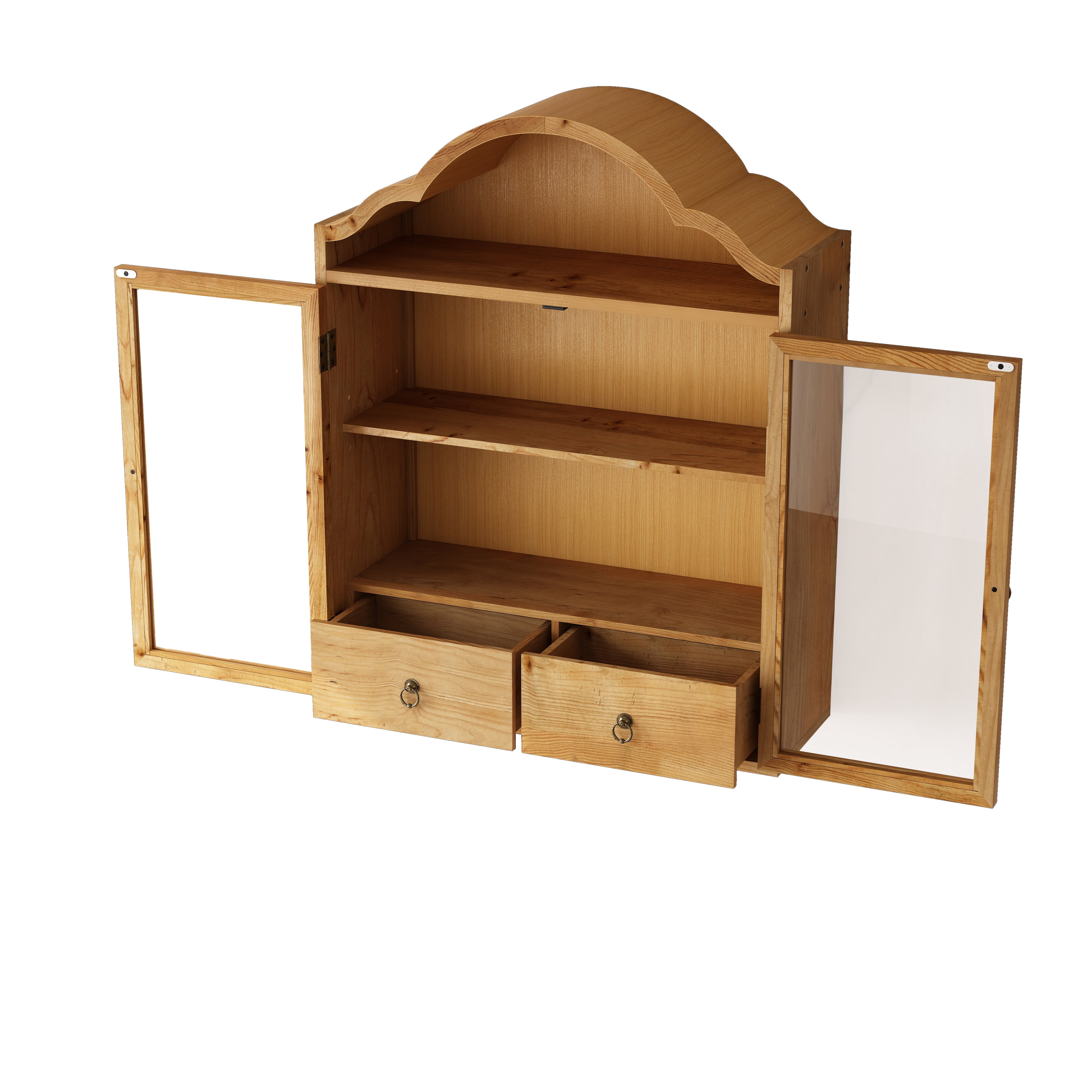 Wall Cabinet with Elegant Wave Top and Solid Wood Frame, Rustic Vintage Wall Cabinet and Storage Shelf for Dining Room Kitchen Bathroom, Natural