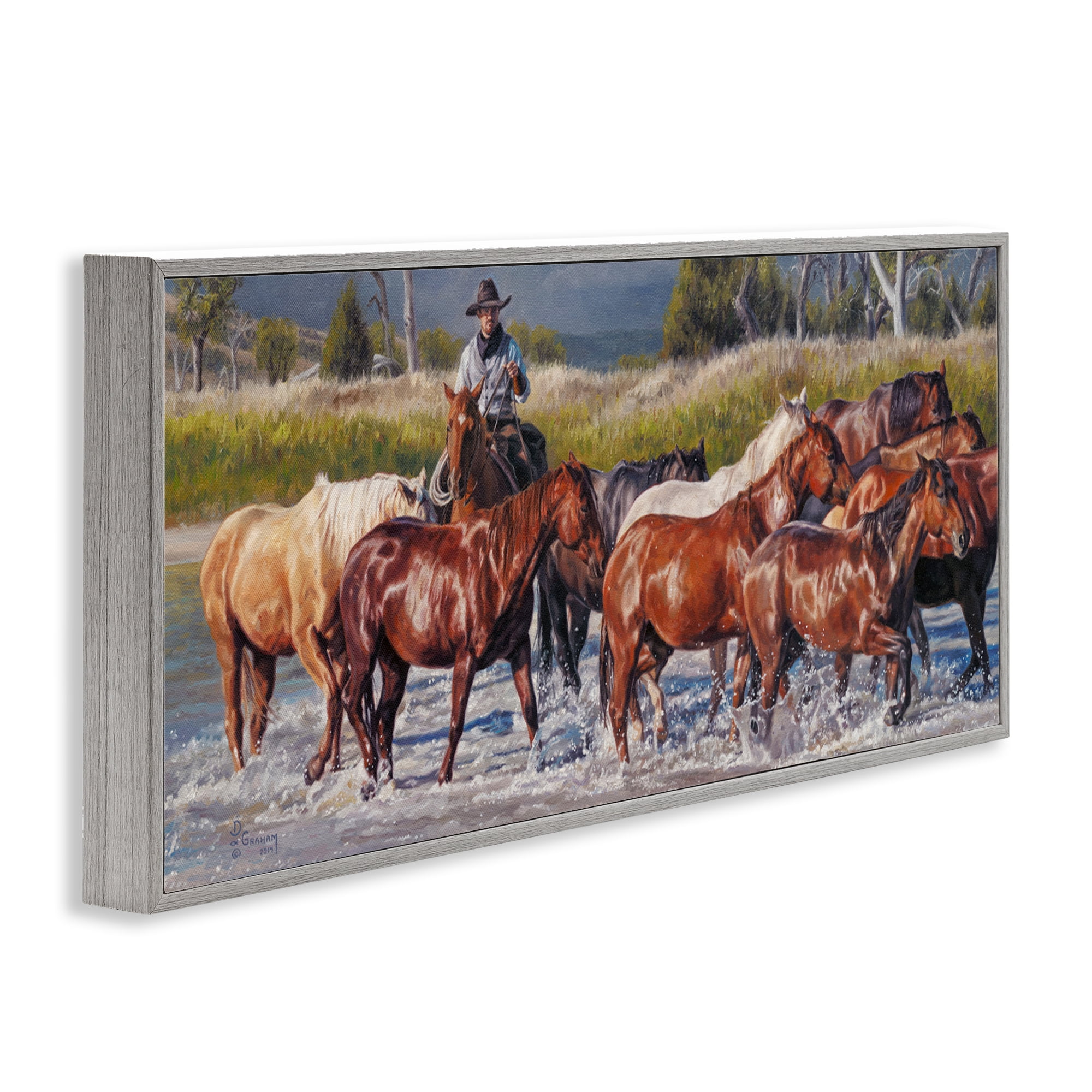 Stupell Industries Crossing The Remuda Animals & Insects Painting Gray Framed Art Print Wall Art, 30 x 13