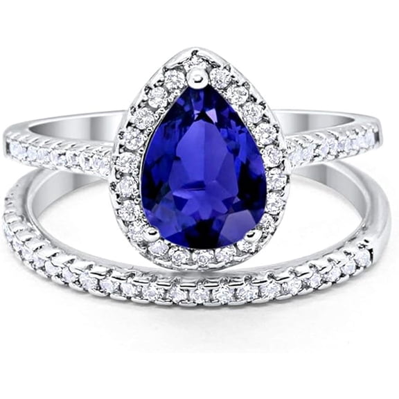 beryl_creation 2.00 Ct Pear Cut Blue Sapphire Wedding Engagement Bridal Ring Set 14K White Gold Plated 925 Sterling Silver For Women's -5