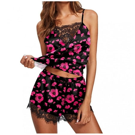 

Women Fashion Print Pajamas Sleeveless Vest Lace Cami Shorts Bluse Sets lingerie for women sexy naughty sexy lingerie ropa interior femenina sexy