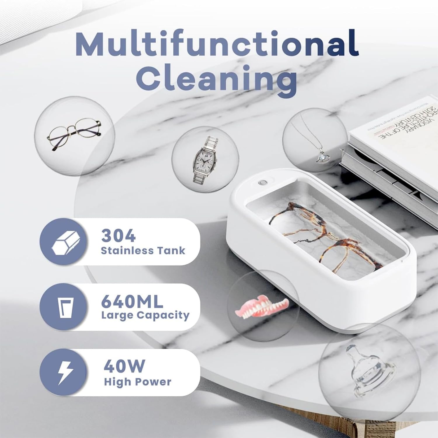 Multi-functional Sonic Cleaner, Powerful 40W Ultrasonic Jewelry Cleaner Machine, 640ML Large Tank for Glasses, Rings, Watches, Dentures, Razors & More