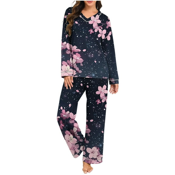 Cavosen Men Pajama Set V NeckLong Sleeve Pajama Set Flower Loungewear Soft Sleepwear