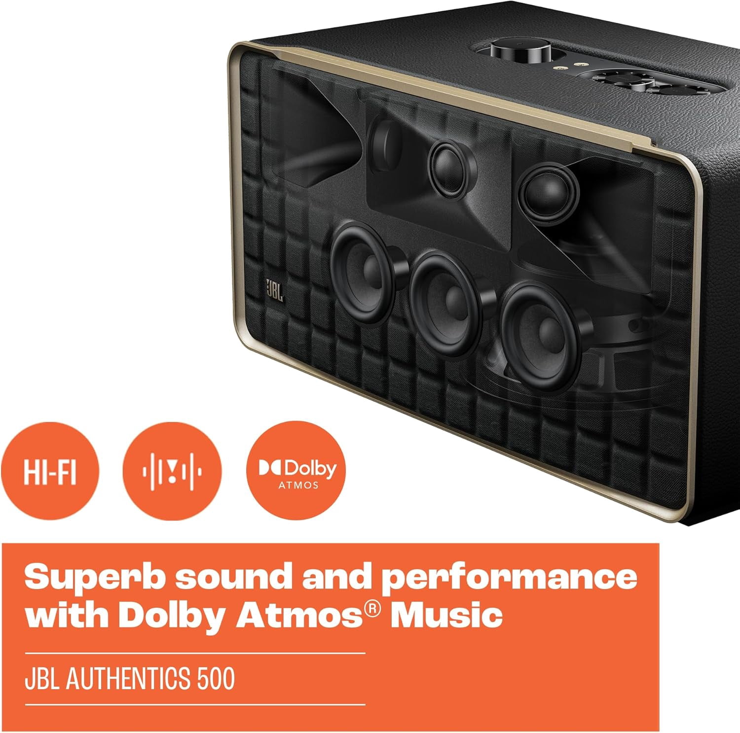 Open Box JBL Authentics 500 - Hi-fidelity smart home speaker with Wi-Fi, Bluetooth and Voice Assistants with retro design - Black