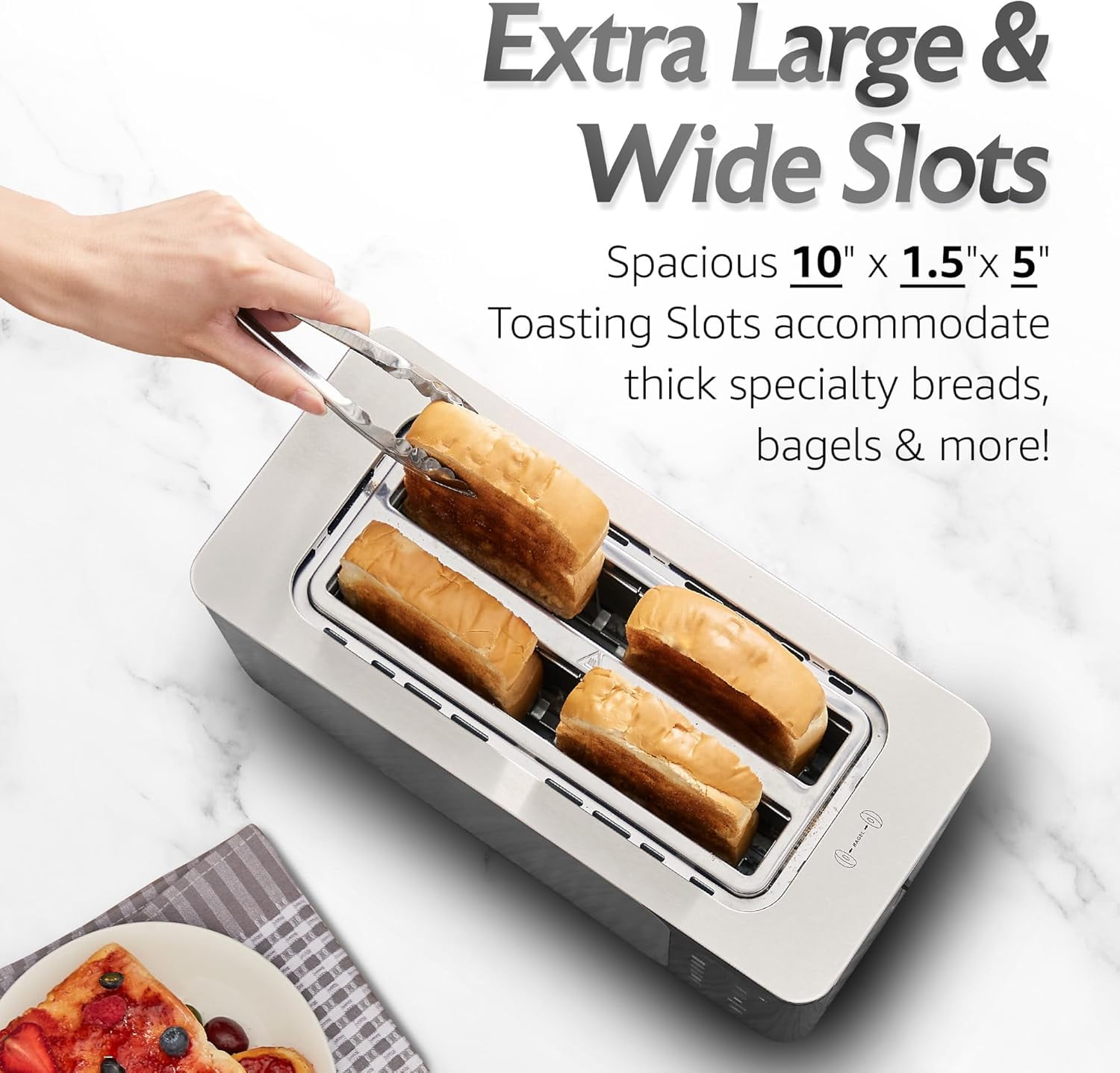 Digital Long Slot 4 Slice Toaster, 1.5” Wide Slots for Thick Breads & Bagel Function, LED Touch Screen, Countdown Timer, 6 Shades, Stainless Steel