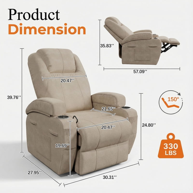Homall 360° Swivel Rocking Recliner Massage Oversized Singal Sofa For Living Room Ergonomic High Backrest and Adjustable Recliner,Linen Beige