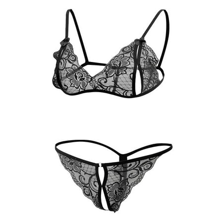 

Hot Lace Lingerie Set Unlined & Crotchless Panties for Women Black