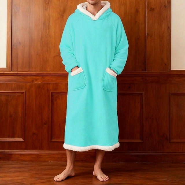 Batas de hombre de forro polar sólido informal con capucha y bolsillo, jersey de manga larga, bata de baño, bata de noche, pijama de poliéster para hombre