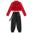 thumbnail image 3 of YONGHS Kids Girls Hip Hop Dance Costume Outfits Long Sleeve Sequin Crop Top with Cargo Pants Set Red 16, 3 of 5