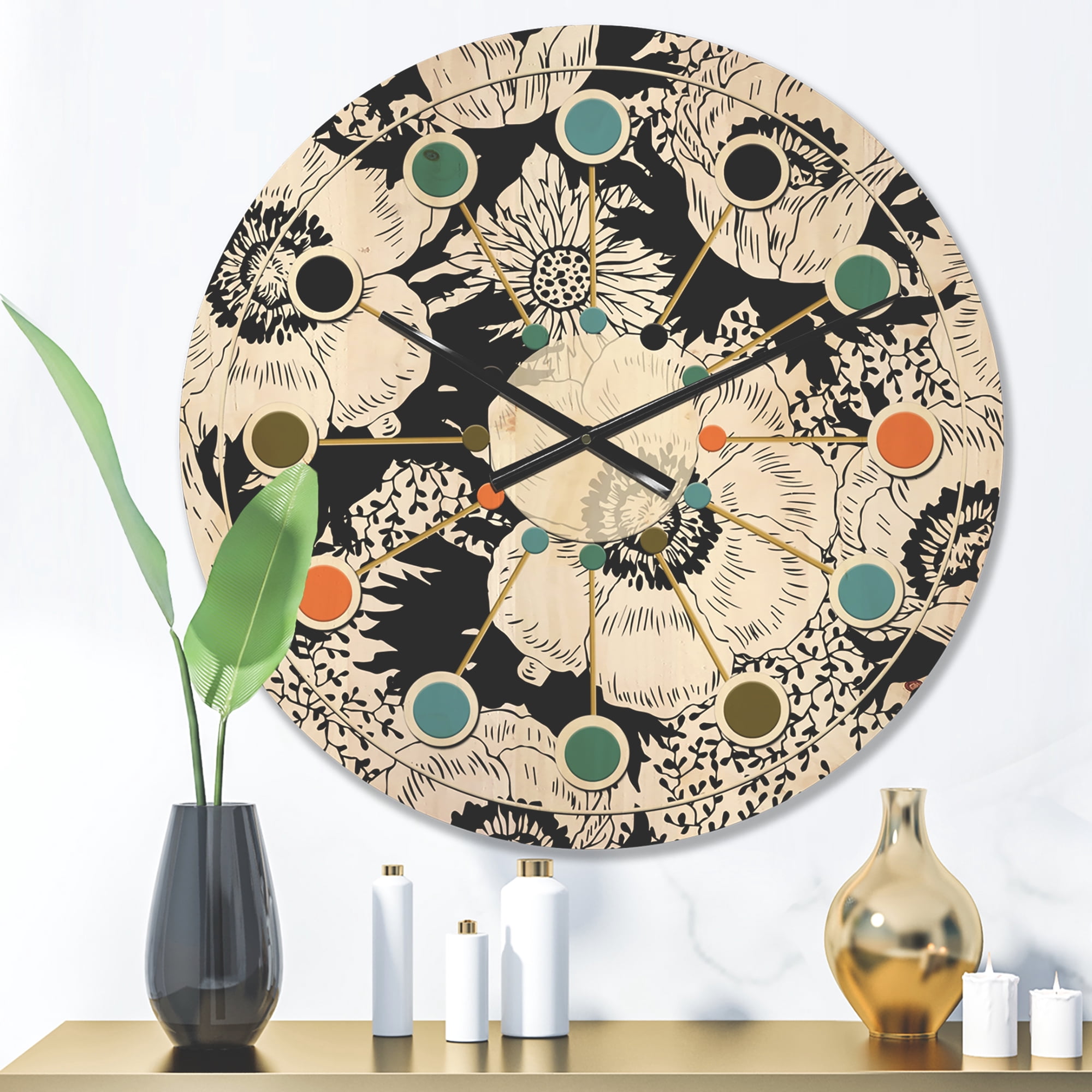 Designart 'Retro Black and White Flowers Pattern' Mid-Century Modern Wood Wall Clock