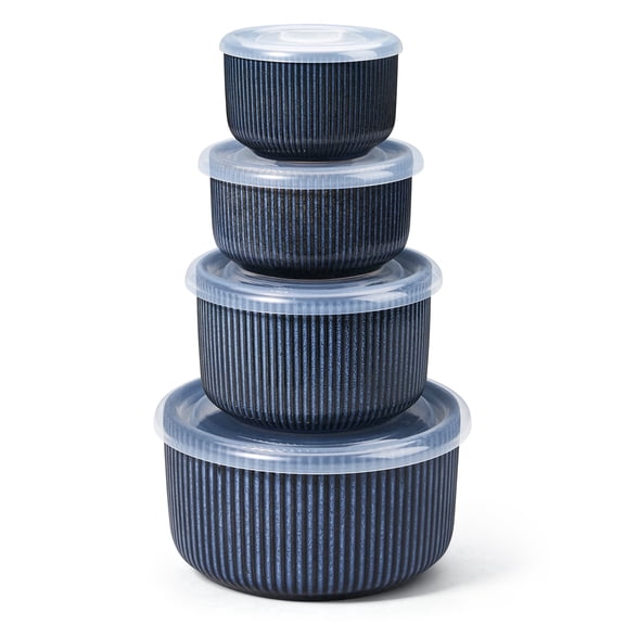 Vesteel Serving Bowls with Lids Set of 4, Ribbed Ceramic Mixing Bowls, Nesting Bowls for Food Storage Prep Salad, 10 / 20 / 35 / 60 OZ, Microwave & Dishwasher Safe, Ocean Blue