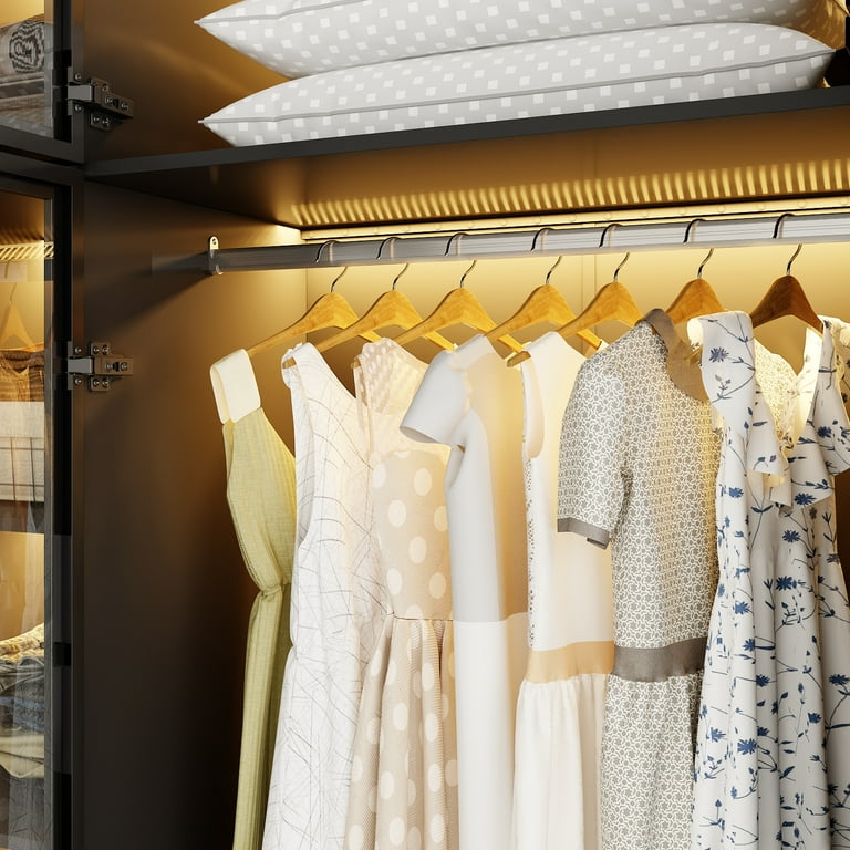 OxyLife Wardrobe Closet with Glass Door and LED Light, 74.8