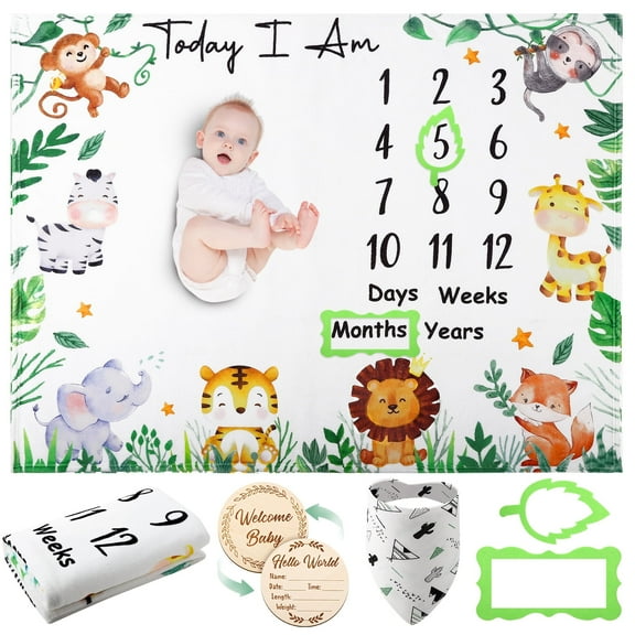 KABOER Milestone Blanket for Baby Boy, 60"x40" Animals Monthly Milestone Blanket, Baby Month Blanket, Newborn Photography Background with Wooden Signs, Frames, Bandana
