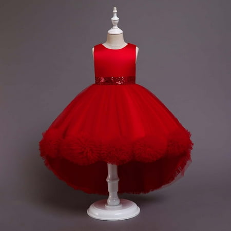 

Rewenti Children Dress Girl No Sleeve Princess Dress Flower Tail Dress Skirt Tutu Skirt Net Gauze Dress Canonicals Red 5-6 Years
